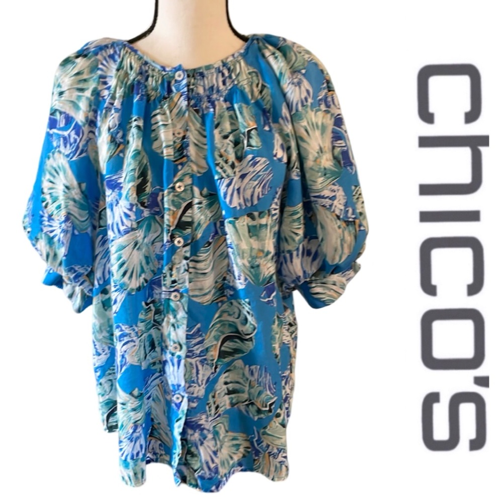 Chico's Blue Green Palm Print Button-Front Blouse
